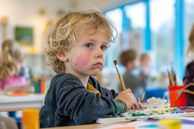 Photo a little boy with a paint brush in his hand is drawing with a pencil