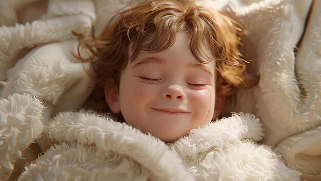 Photo a little boy with red hair and a white blanket with the word quot on it