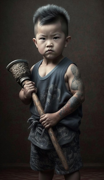 A little boy with tattoos on his arm