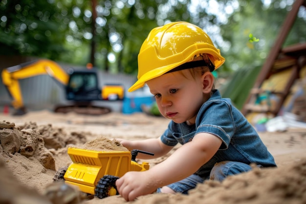 Photo little boy in a yellow construction helmet plays with a toy excavator in the sandbox