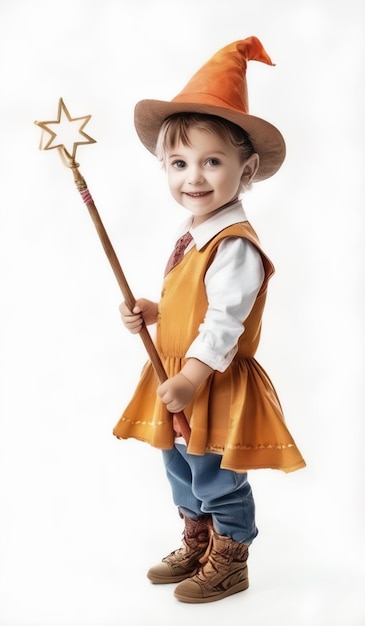 a little boy in a yellow dress and hat holding a magic wand