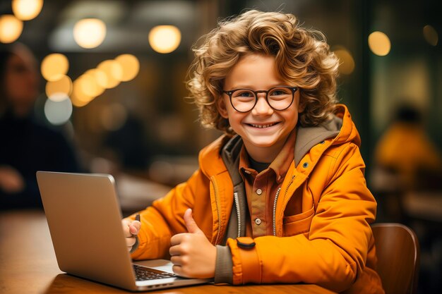 A little boy in a yellow jacket with a laptop in a cafe