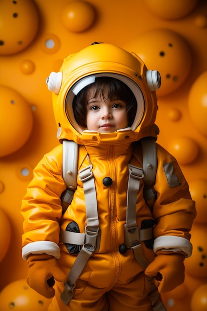 Photo little boy in yellow space suit standing in front of wall of orange balls generative ai