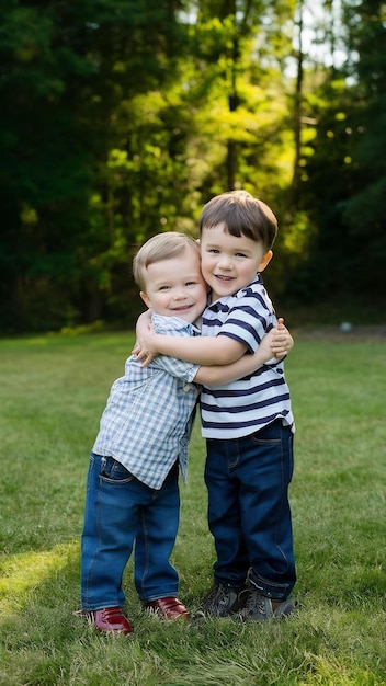 Little boys outdoors hugging