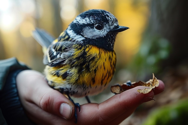 little brave tit sits on arm of man man feeds forest bird