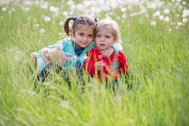 Little brother and sister in the meadow Children sit on the grass Friends in a dandelion field