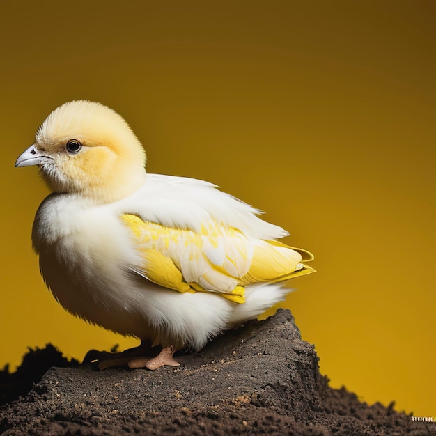 Little Buff Orpington chick against a yellow background with room for copy space