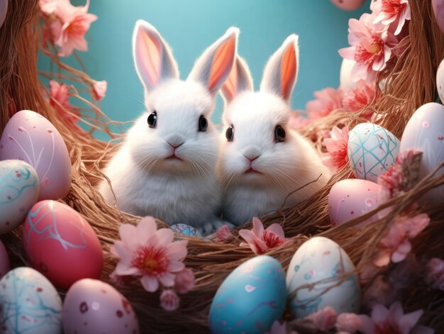 Little bunny in a basket with colorful decorative eggs