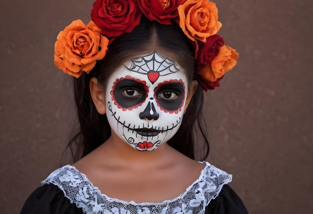 Little Calaca Beautiful young Mexican girl in Day of the Dead makeup and costume