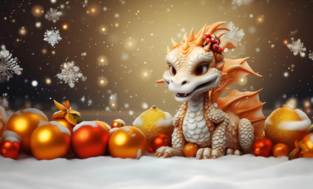 Little cartoon dragon New Year greeting card template Happy Chinese new year 2024 banner with a cute small dragon and new year ornaments calendar poster design Symbol of the year