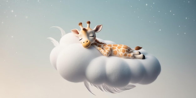 Photo little cartoon giraffe sleeping on a cloud decoration