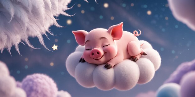 Photo little cartoon pig sleeping on a cloud decoration