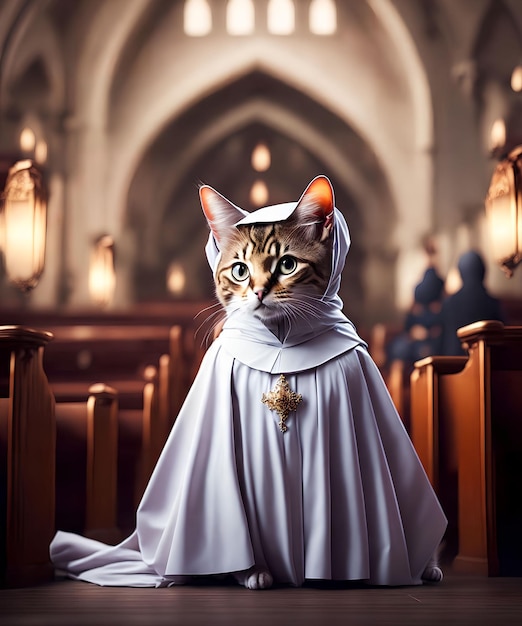 Little cat dress as a nun at the church generative art by AI