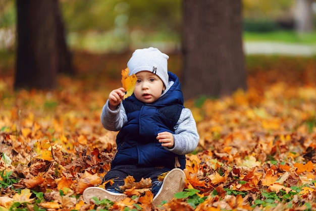 Little caucasian boy holding an orange leaf