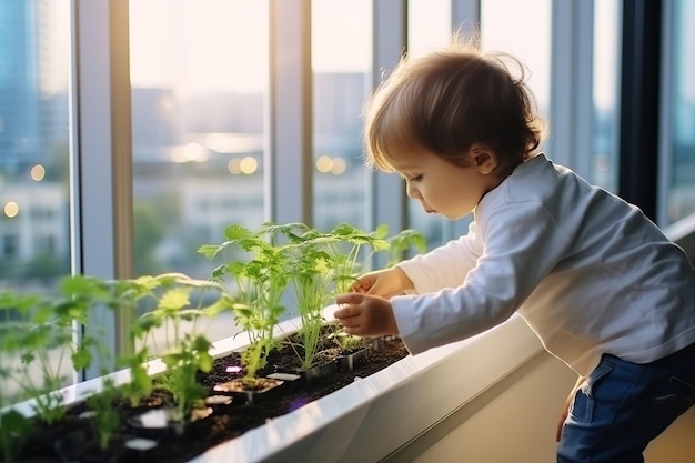 Little caucasian boy looks with interest at a small sprouts plants artificial ecosystem