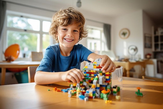 A little caucasian boy sits at the table in his cozy room and plays with a construction set happy