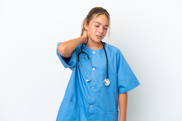 Little caucasian girl disguised as surgeon isolated on white background with neckache