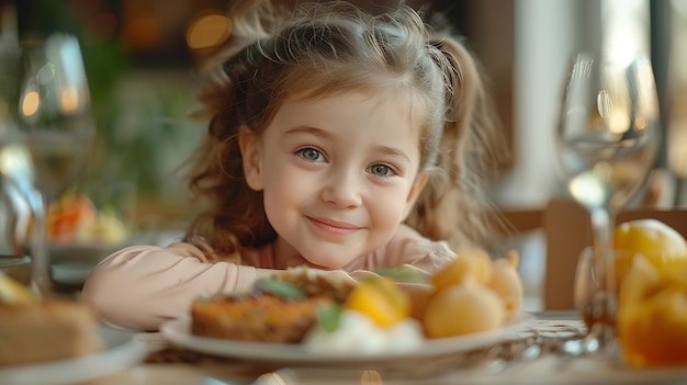 Little caucasian girl enjoing food sitting at table indoors Child have a meal Organi Generative AI