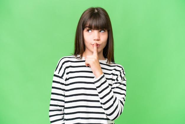 Little caucasian girl over isolated background showing a sign of silence gesture putting finger in mouth