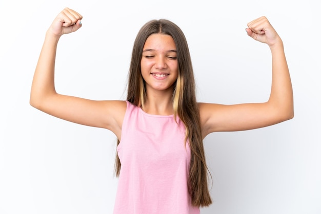 Little caucasian girl isolated on white background doing strong gesture