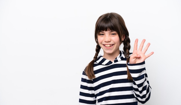 Little caucasian girl isolated on white background happy and counting four with fingers