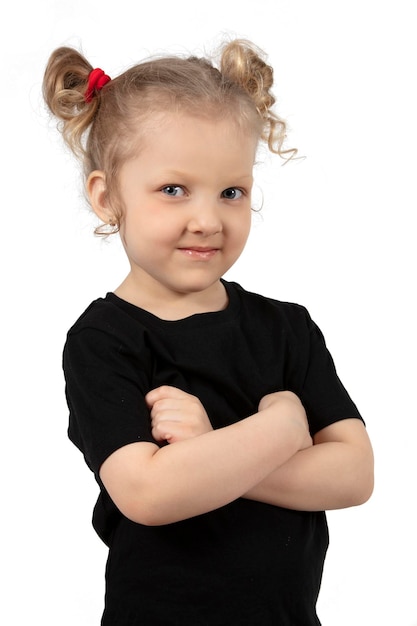 Little cheerful girl on a white background