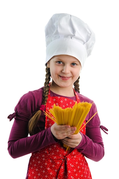 Little chef with spaghetti