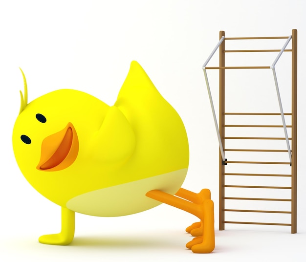 Little chick exercising by doing pushups 3D render