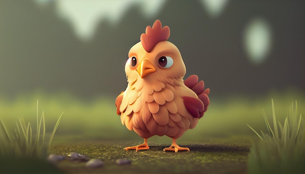 Little chick in the grass farm scene generative AI