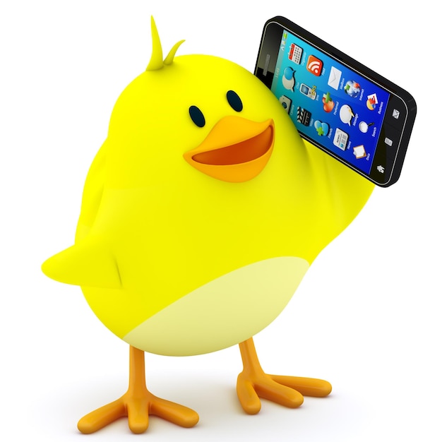 Little chick with smartphone on white 3D render