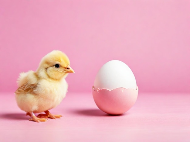 Little chicken looking at the egg on pink background with copyspace