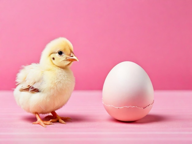 Little chicken looking at the egg on pink background with copyspace