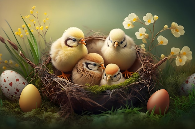 Little chicks and Easter eggs in the nest in the grass Generative AI