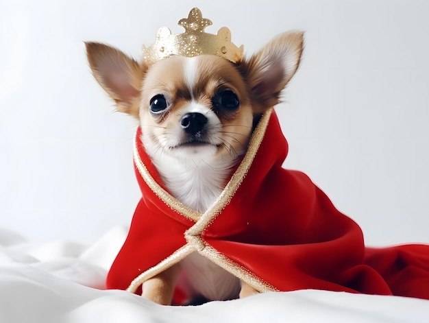 Little chihuahua wearing red cape and golden crown on white background Created with Generative AI technology