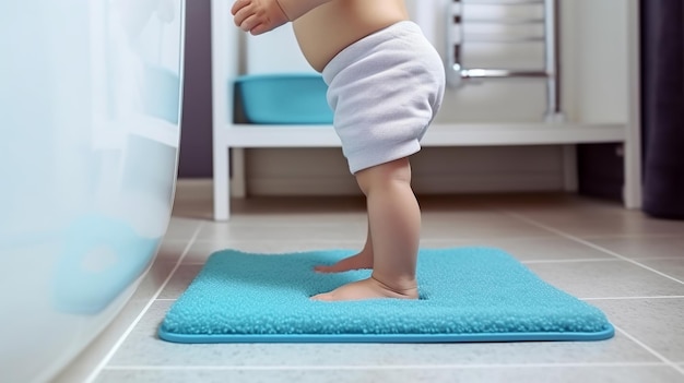 Little child child legs is standing on a nonslip tangle within the bath Child boy foots washes on the anti slip carpet within the washroom Kid age one year AI Generated