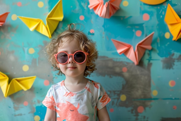 A little child curly hair and sunglasses stands amongst colorful wall with origami