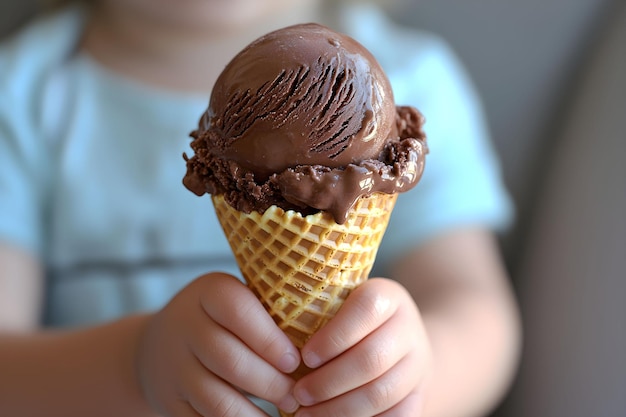 Little child enjoys chocolate ice cream cone on a sunny day