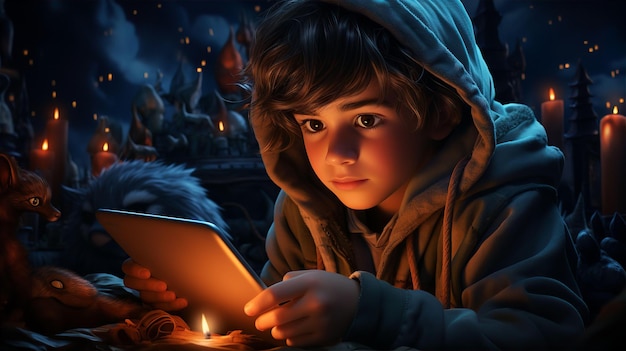 Little child in hood reading fairy tale on digital tablet at night