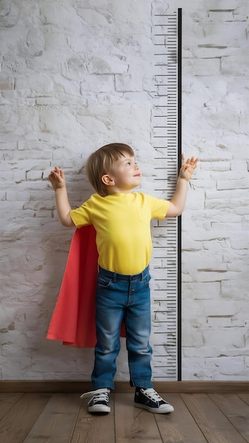 Photo little child is playing superhero kid is measuring the growth on the background of wall