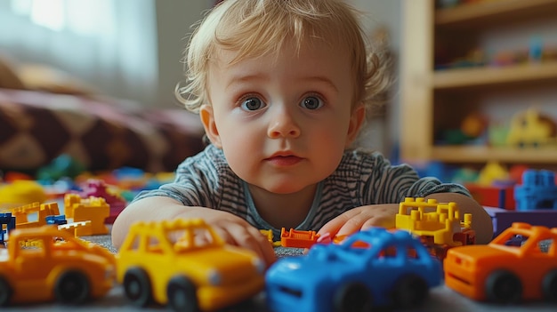 Photo little child playing with lots of colorful plastic toys indoor building different cars and objects