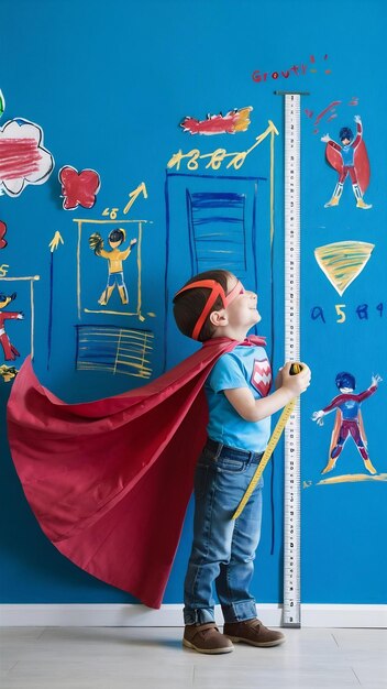 Photo little child plays superhero kid measures the growth on the background of bright blue wall