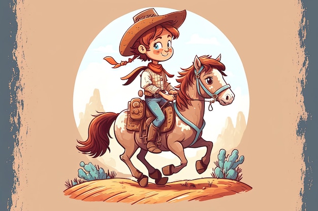 Little child riding a horse in a cartoon