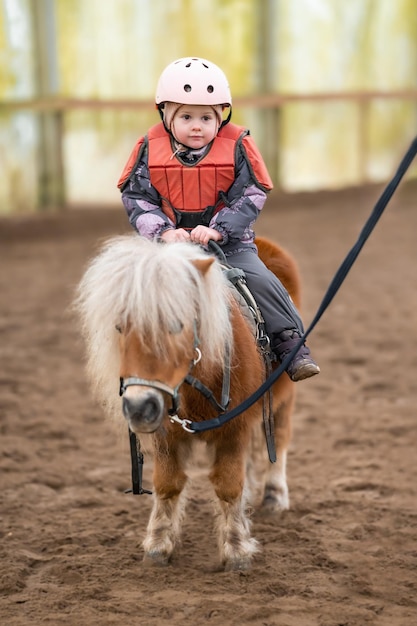 Little child riding lesson threeyearold girl rides a pony and does exercises