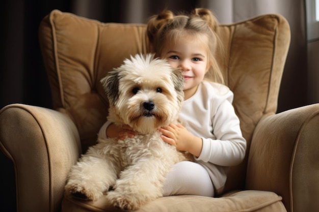 Little child with cute puppy in armchair Kid happy face with care pet Generate ai