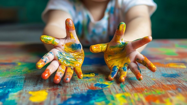 Photo little child with hands in colored paint