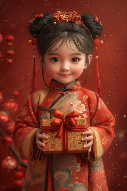 little Chinese girl dressed for the Chinese New Year holds a gift in her hands in a package with bow