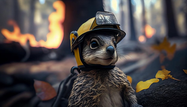 Little chipmunk firefighter in the forest Generative AI