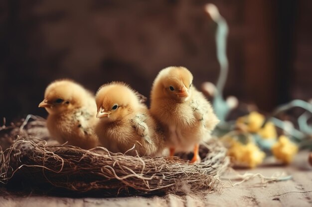 Little cute baby chicks in a bucket playing at home yellow newborn baby chicks