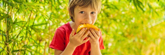 Little cute boy eating mango on the terrace BANNER LONG FORMAT