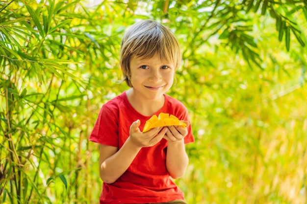 Little cute boy eating mango on the terrace